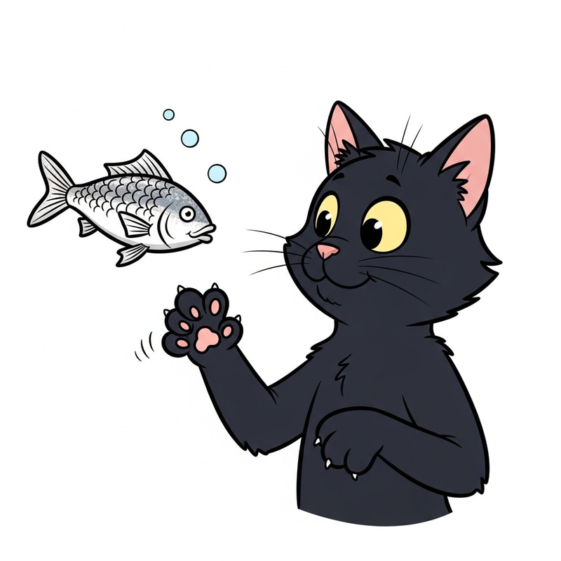 Playful Cartoon Cat with Dancing Fish - Fun Art Playful Cartoon Cat with Dancing Fish - Fun Art