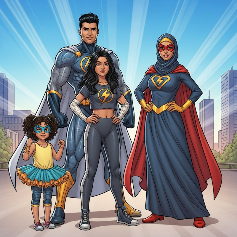 Vibrant South Asian Superhero Family | Striking Comic Illustration