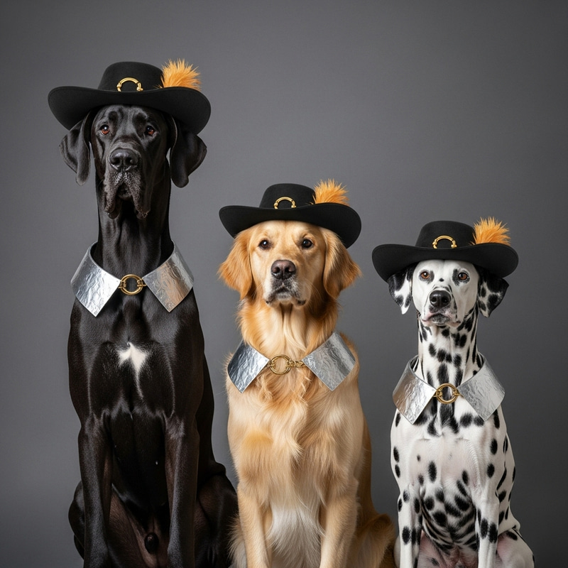 Playful Musketeer Dogs: Great Dane, Golden Retriever, Dalmatian Playful Musketeer Dogs: Great Dane, Golden Retriever, Dalmatian