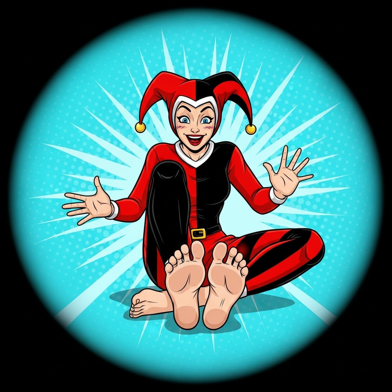 Playful Harley Quinn in Red & Black Attire - Vibrant Comic Style Scene