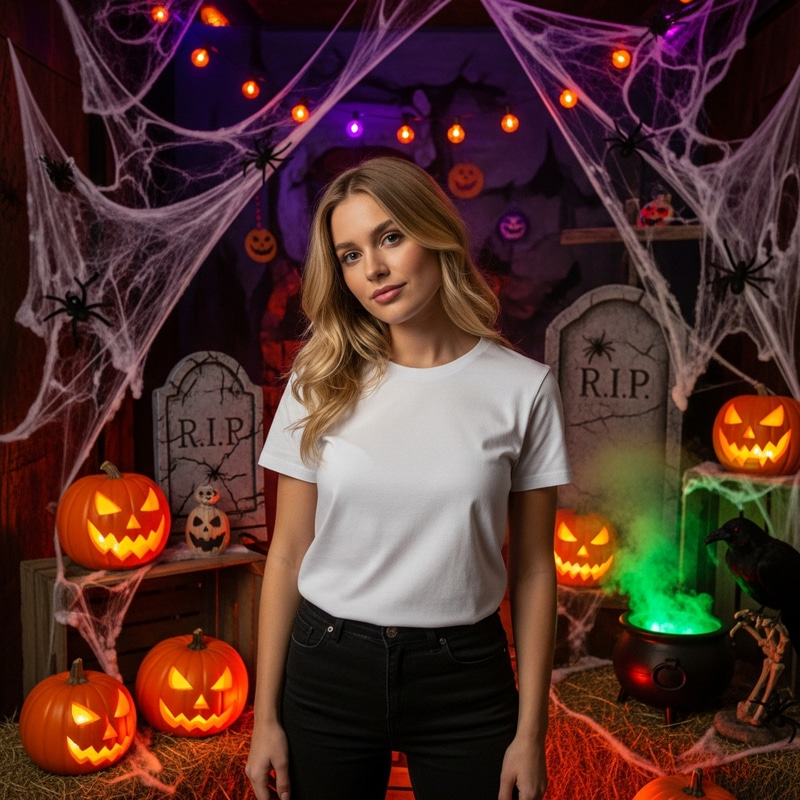 Blonde Model at Halloween Party | White Shirt Photo Mockup