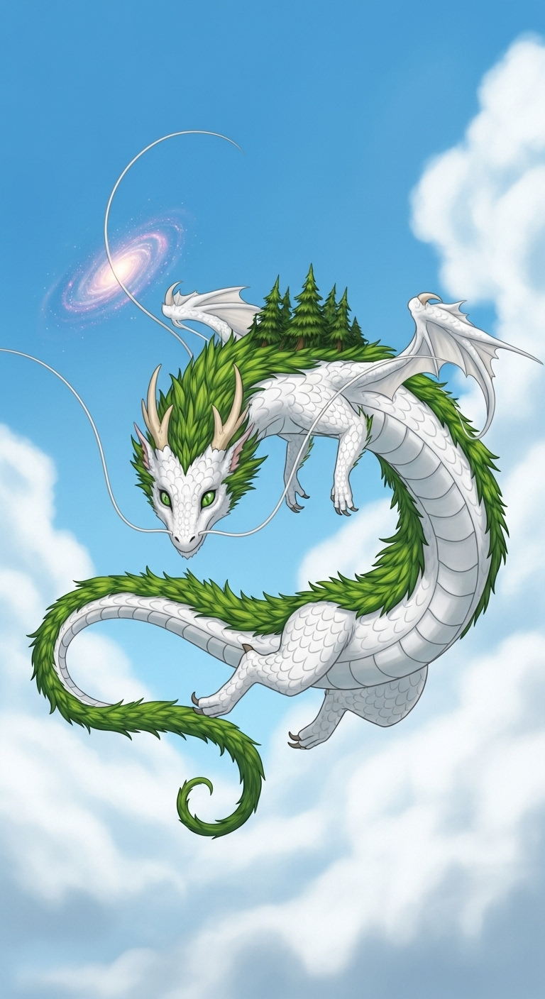 Whimsical Dragon Soaring Through Sky with Green Fur