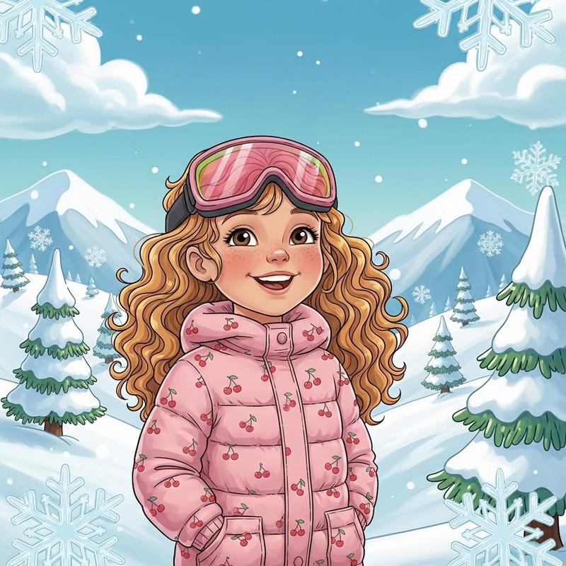 Disney Style Ski Adventure: Sweet 4-Year-Old Skier in Cherry-Printed Pink Coat