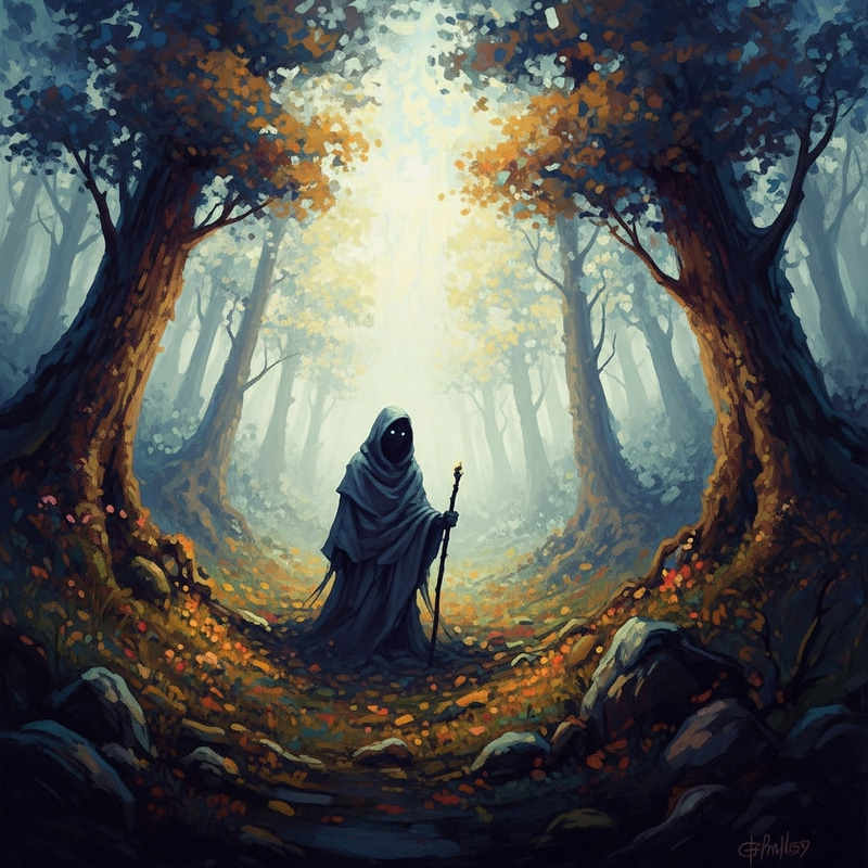 Enigmatic Figure in Ethereal Misty Forest - Vibrant Impressionist Art Enigmatic Figure in Ethereal Misty Forest - Vibrant Impressionist Art