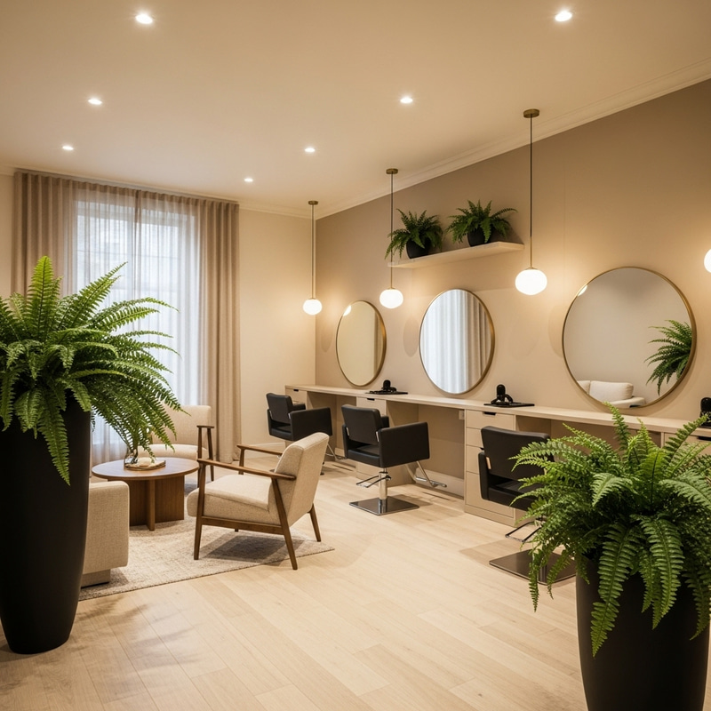 Beige Hair Salon Background with Fern Plants - Stylish and Natural Décor Beige Hair Salon Background with Fern Plants - Stylish and Natural Décor