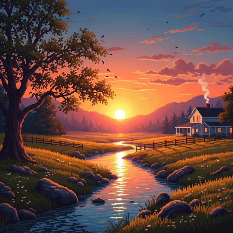 Golden Hour Serene Landscape Pixel Art Scene Golden Hour Serene Landscape Pixel Art Scene