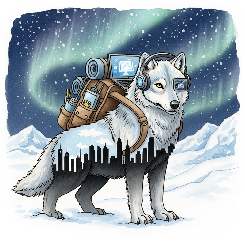 Digital Nomad Arctic Wolf Watercolor Illustration