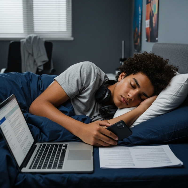 Boy Sleeping in Bed using Mobile, Laptop, and Headphone Boy Sleeping in Bed using Mobile, Laptop, and Headphone