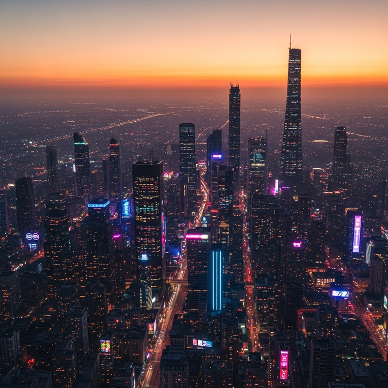 Cyberpunk Cityscape at Sunset | Vibrant Neon Drone View Cyberpunk Cityscape at Sunset | Vibrant Neon Drone View