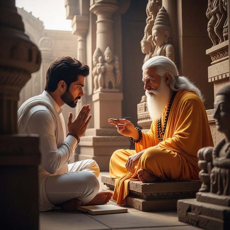 Indian Man in Deep Conversation with Sage-Like Zen Master