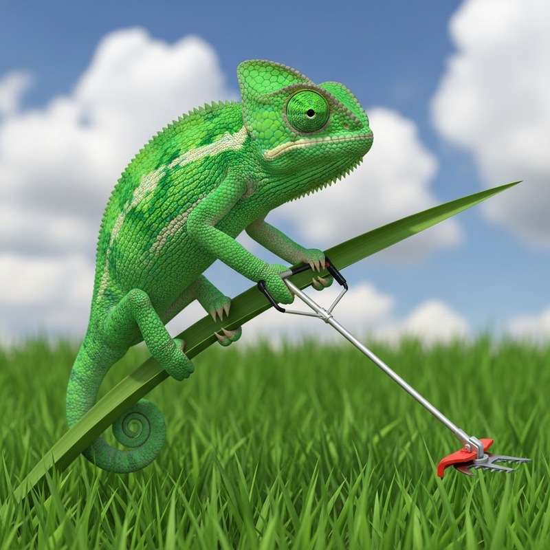 Vibrant Green Chameleon Trimming Grass: Unique Nature Scene Vibrant Green Chameleon Trimming Grass: Unique Nature Scene