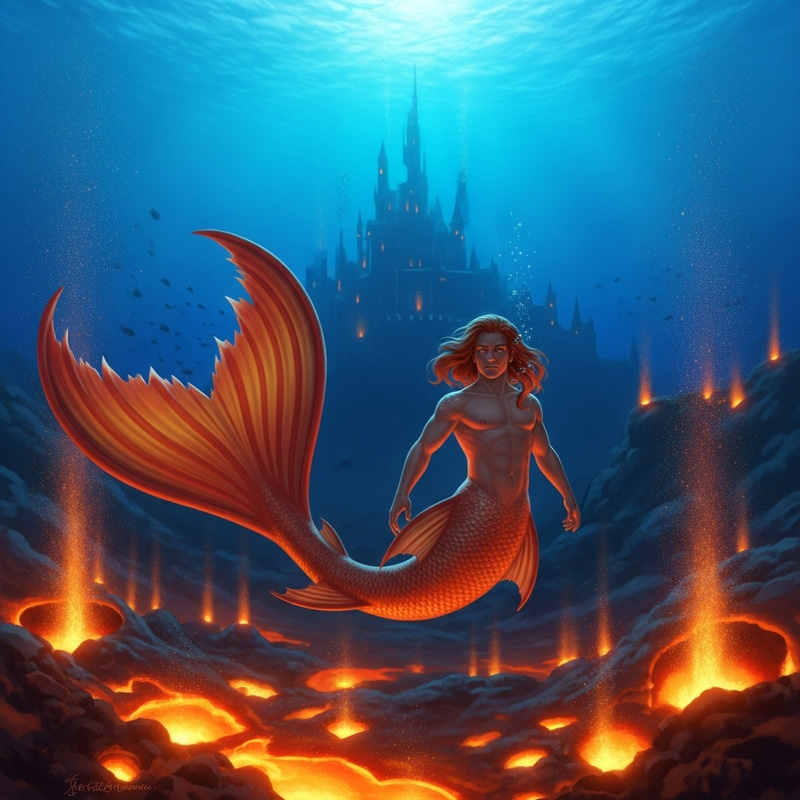Merman's Dusky Tan Skin & Fiery Tail in Deep Ocean Merman's Dusky Tan Skin & Fiery Tail in Deep Ocean