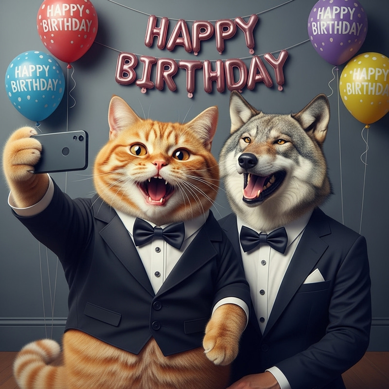 Realistic Cartoon Rendition: Chubby British Cat, Wolf Selfie & Birthday Balloons