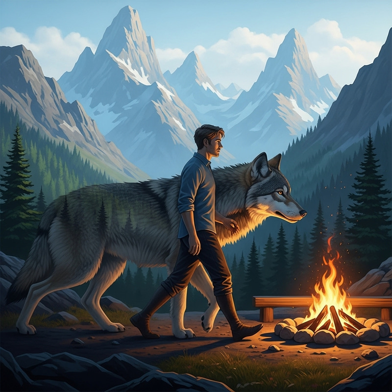 Engaging Scene of Man to Wolf Transformation in Majestic Mountain Landscape Engaging Scene of Man to Wolf Transformation in Majestic Mountain Landscape