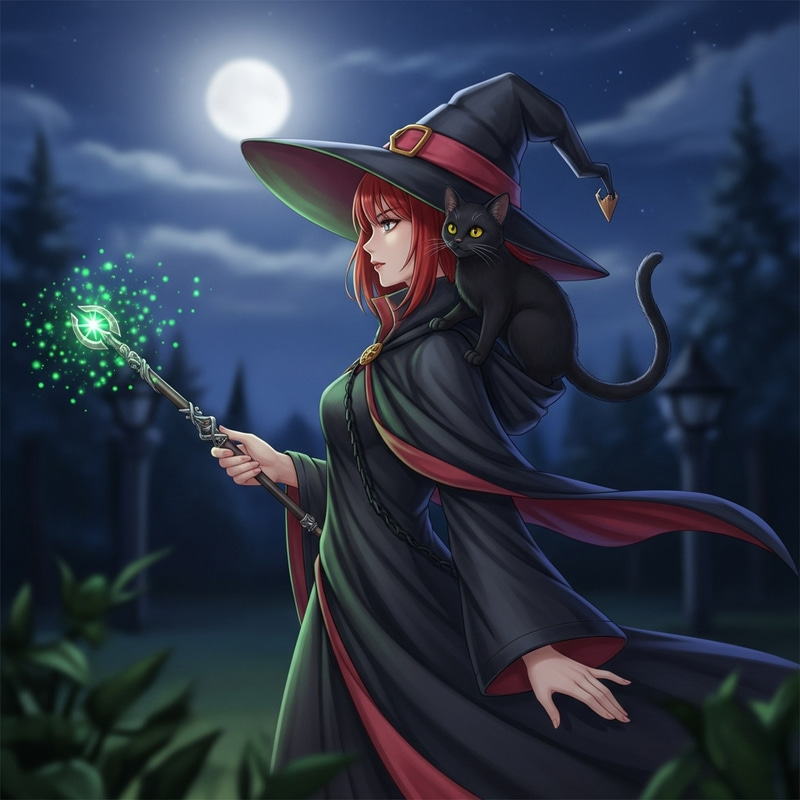 Stunning Anime Red-Haired Witch & Black Cat Art Stunning Anime Red-Haired Witch & Black Cat Art