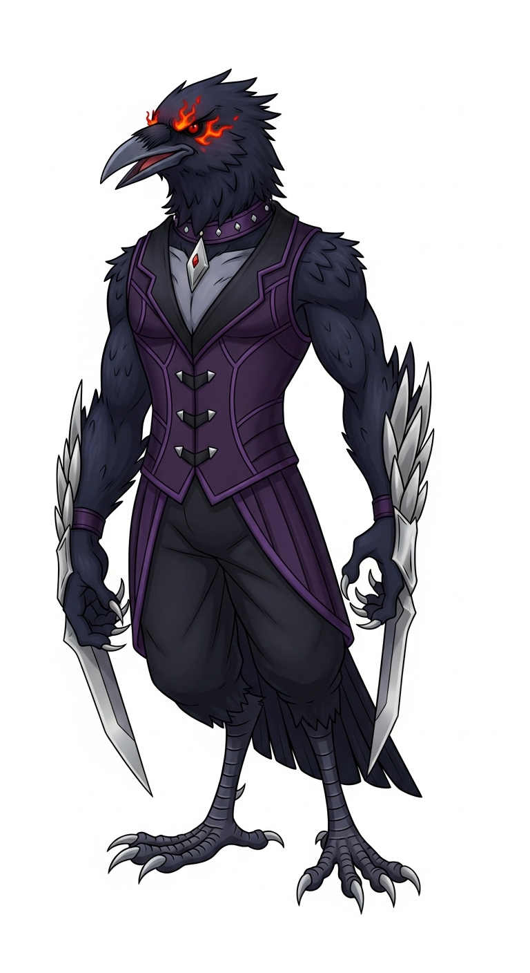 Anthropomorphic Crow with Sharp Blade-like Feathers and Silver Claws Anthropomorphic Crow with Sharp Blade-like Feathers and Silver Claws