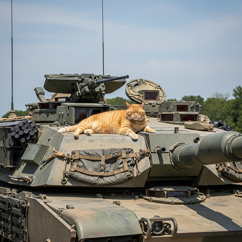 Fat Orange Cat Relaxing on Abrams Tank