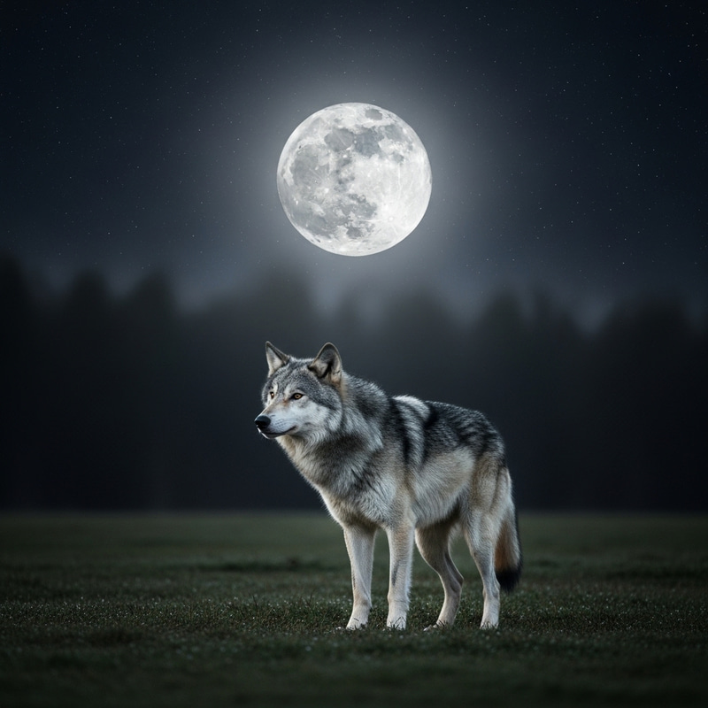 Dancing Gray Wolf Under Full Moon