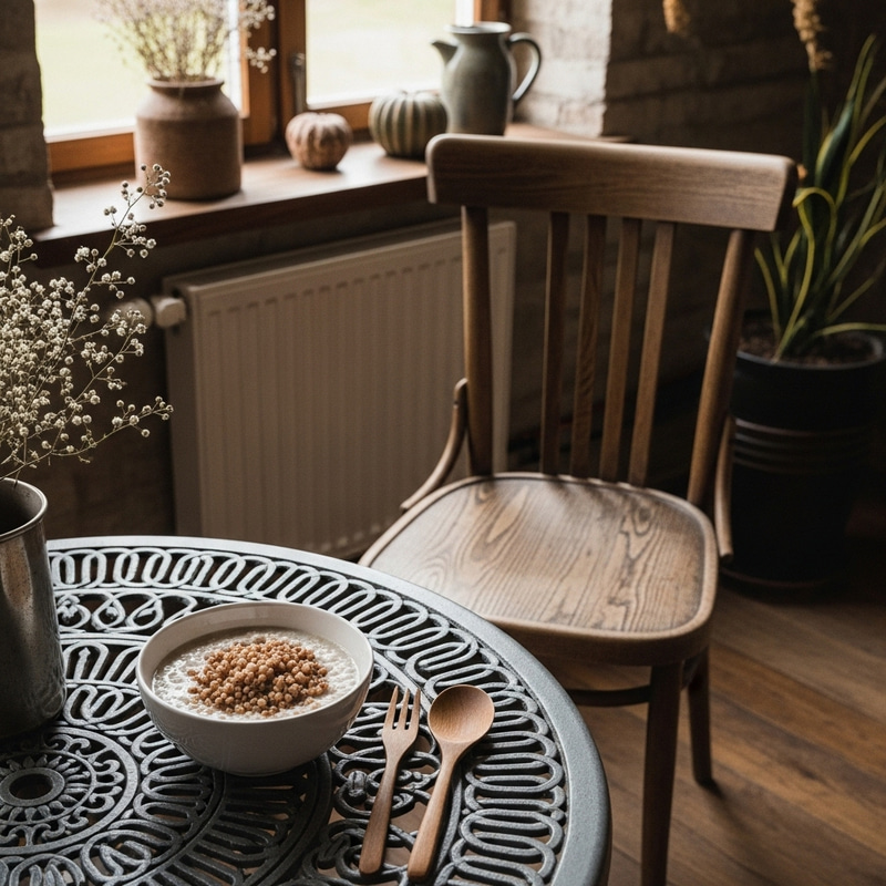 Rustic Wooden Chair & Iron Table with Buckwheat Porridge