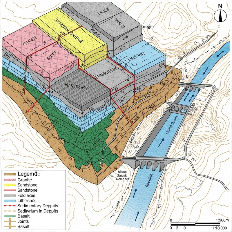 Geological Maps: Detailed Cartographic Representation of Dam Area - Lithologic Units, Structures, Sediments