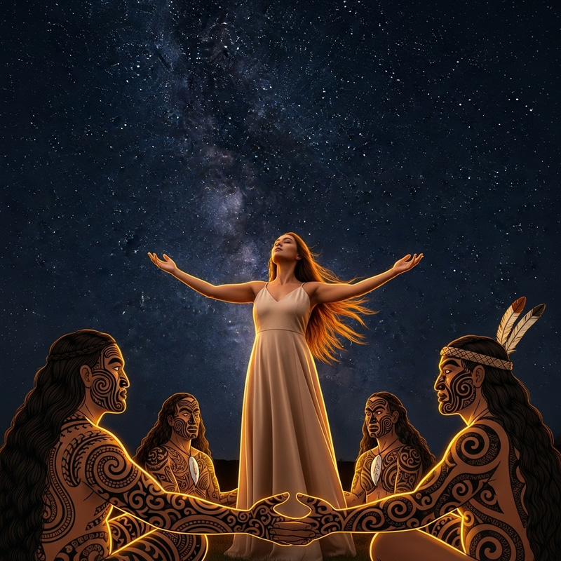Maori Woman Embracing Ancestral Spirits Under Starry Sky