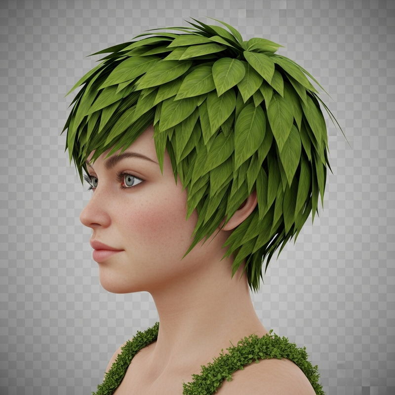 Vibrant Green Foliage Pixie Wig Model - 3D Art