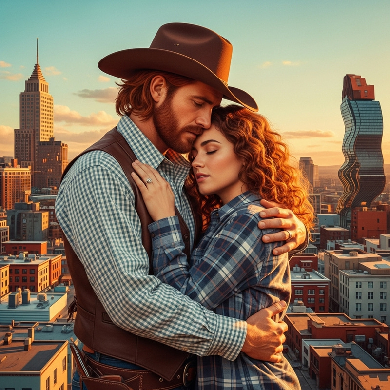 Captivating Love Story: Cowboy & Auburn Beauty in Surreal Cityscape