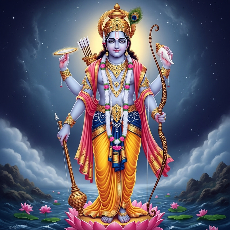 Detailed Lord Vishnu Art: Majestic Pose Amidst Cosmic Glory