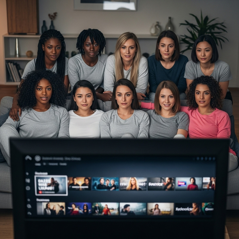 Diverse Women Chilling on Couch Watching Netflix | Stylish Lounge-Wear Diverse Women Chilling on Couch Watching Netflix | Stylish Lounge-Wear