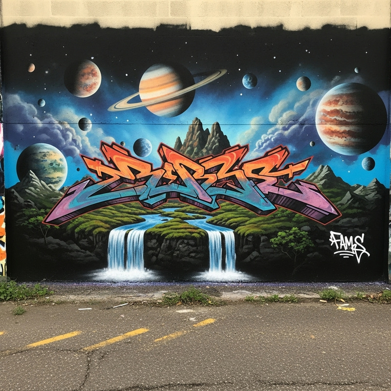 Surrealistic Planets and Cascading Waterfalls Graffiti Tag Surrealistic Planets and Cascading Waterfalls Graffiti Tag