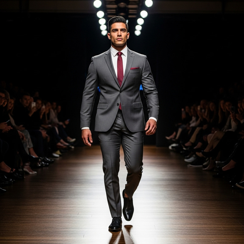 Captivating Hispanic Male Model Striding Down Runway in Stylish Suit Captivating Hispanic Male Model Striding Down Runway in Stylish Suit