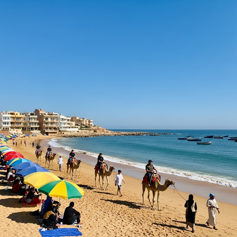 Tranquil Beach Scene in Morocco | Coastal Houses, Camel Rides & Fishing Boats