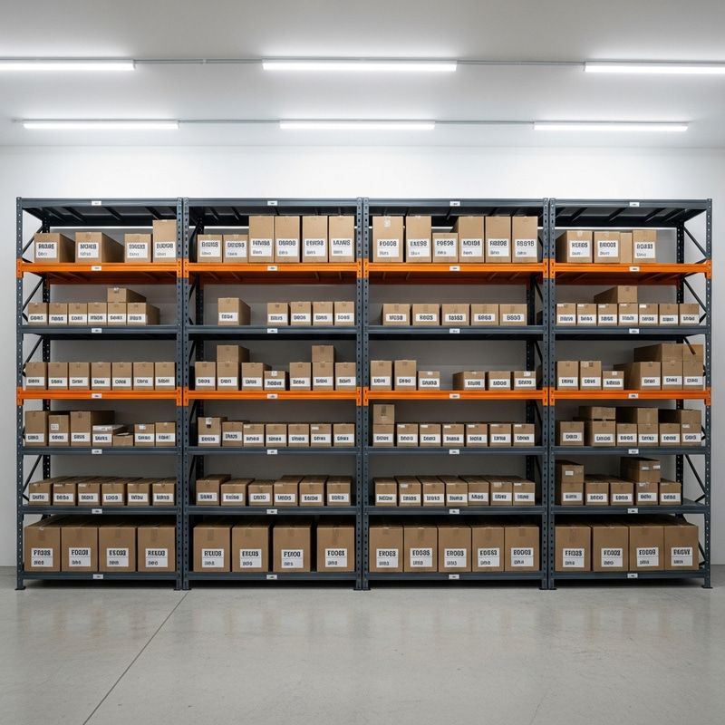 Small-scale Logistics Warehouse with Gray and Orange Shelves Small-scale Logistics Warehouse with Gray and Orange Shelves
