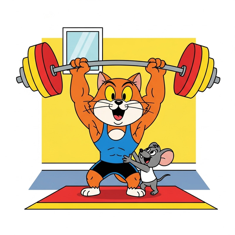 Cartoon Cat Weightlifting - Joyful Feline Animation with Enthusiasm Cartoon Cat Weightlifting - Joyful Feline Animation with Enthusiasm