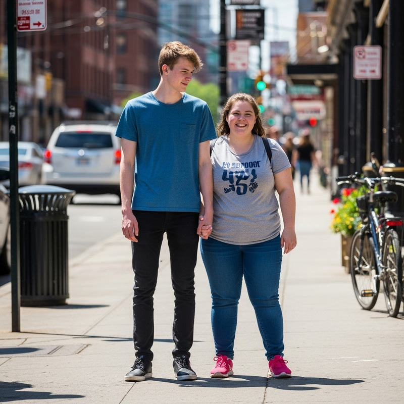 Contrasting Physiques of Young Couple in Candid Street Moment Contrasting Physiques of Young Couple in Candid Street Moment