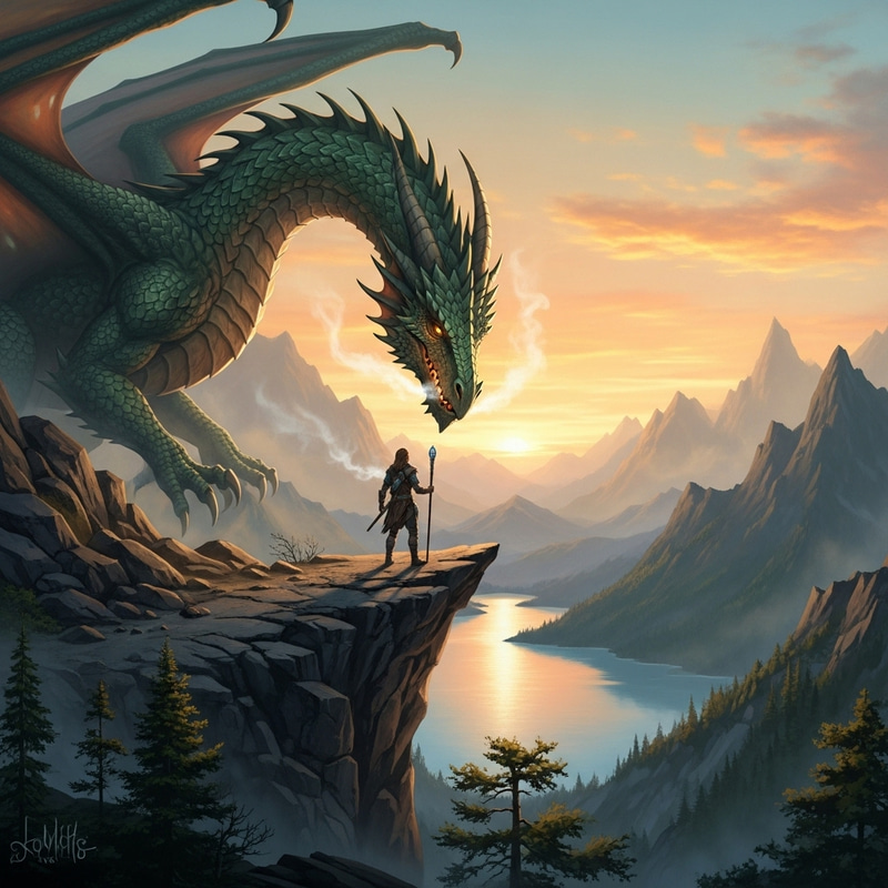 Dragon Speaking to Person on Mountain Edge with Lake Nearby Dragon Speaking to Person on Mountain Edge with Lake Nearby