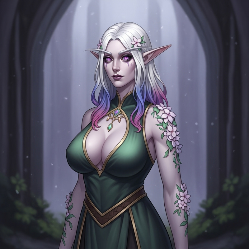 Enchanting Elf Character | White Hair, Green & Purple Eyes, Floral Adornments Enchanting Elf Character | White Hair, Green & Purple Eyes, Floral Adornments