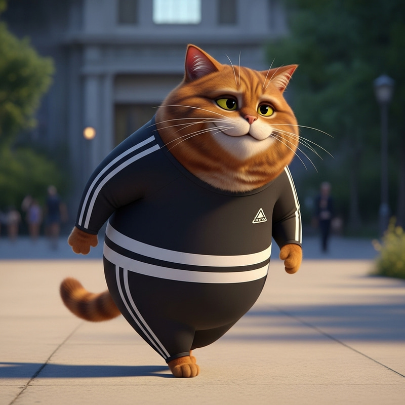 Garfield Cat in Black and White Adidas Costume - Animated Film Style Garfield Cat in Black and White Adidas Costume - Animated Film Style