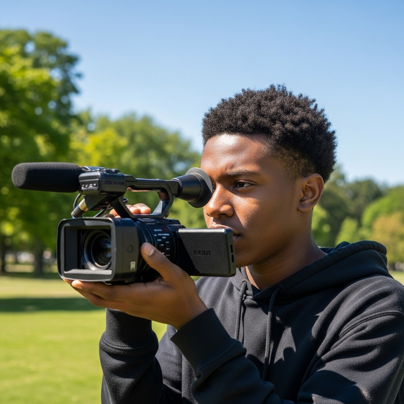 Young African American Using Video Camera Outdoors Young African American Using Video Camera Outdoors