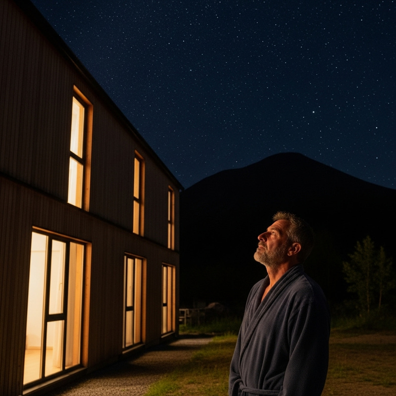 Modern Wooden Hotel with Man Gazing at Starry Sky - Kamchatka Scene Modern Wooden Hotel with Man Gazing at Starry Sky - Kamchatka Scene
