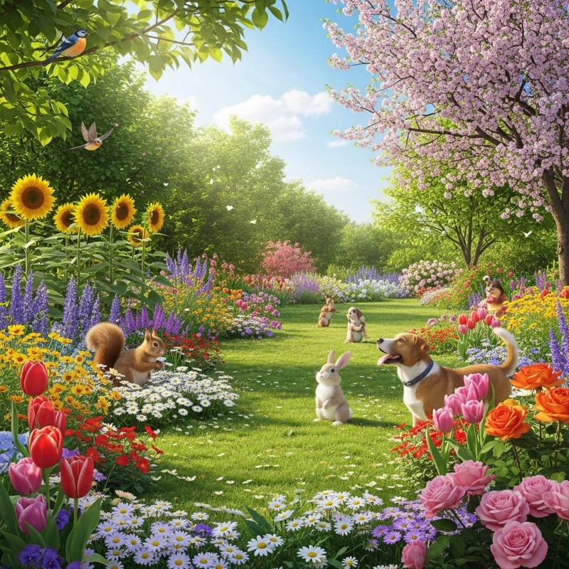 Colorful Flowers and Animals Playing in Vibrant Garden