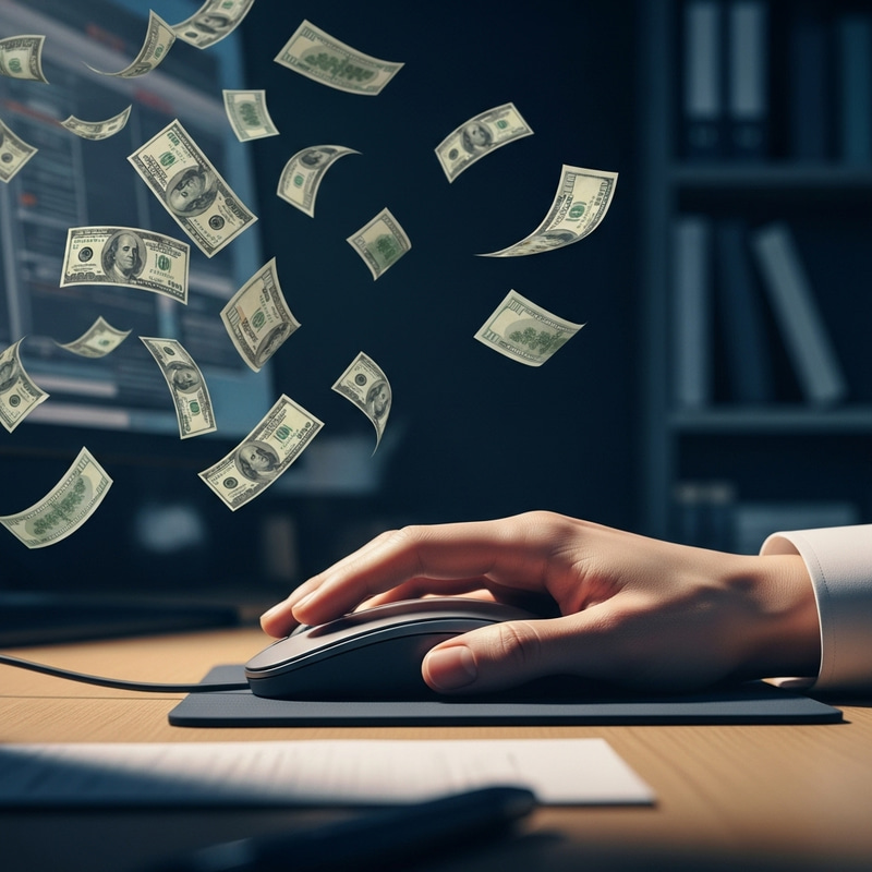 Agile Hand Clicking Computer Mouse in Realistic Office Scene with Wealth Symbol