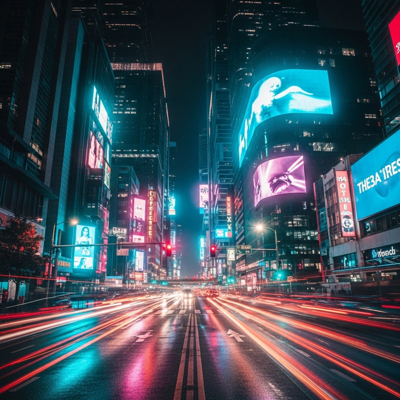 Futuristic Cyberpunk Cityscape with Neon Lights at Night