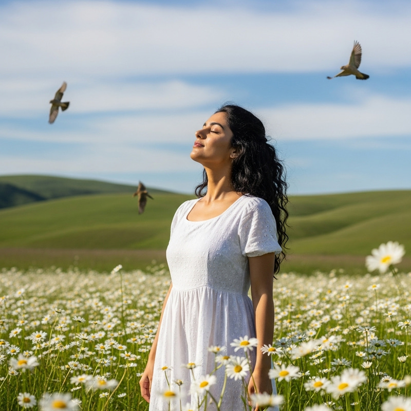 Beautiful Vietnamese Woman in Sunlit Daisy Field Beautiful Vietnamese Woman in Sunlit Daisy Field