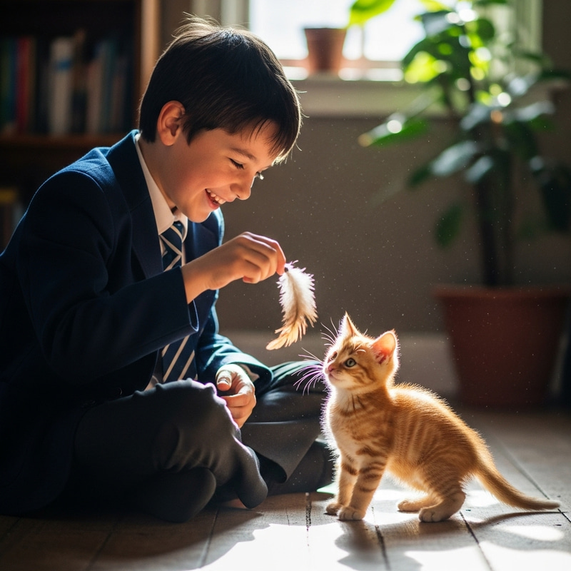 Dark-Haired 8-Year-Old Boy Playing with Ginger Kitten Dark-Haired 8-Year-Old Boy Playing with Ginger Kitten