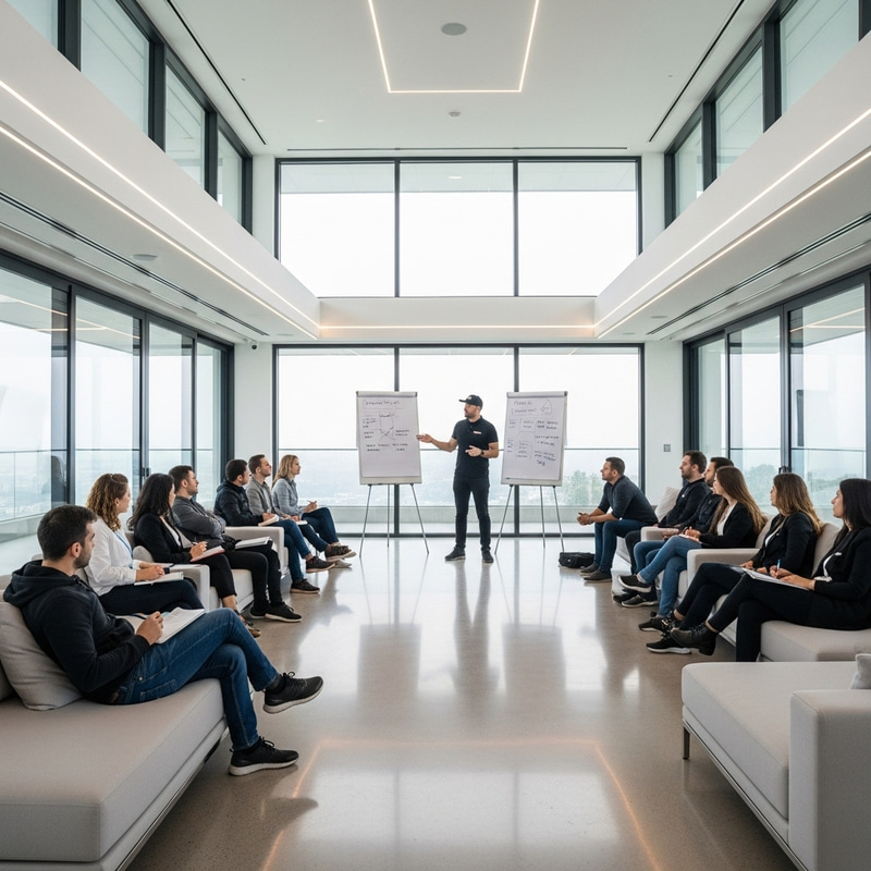 Luxurious Villa Training Session with Mentor and 30 Individuals in Minimalist Lounge Setting Luxurious Villa Training Session with Mentor and 30 Individuals in Minimalist Lounge Setting