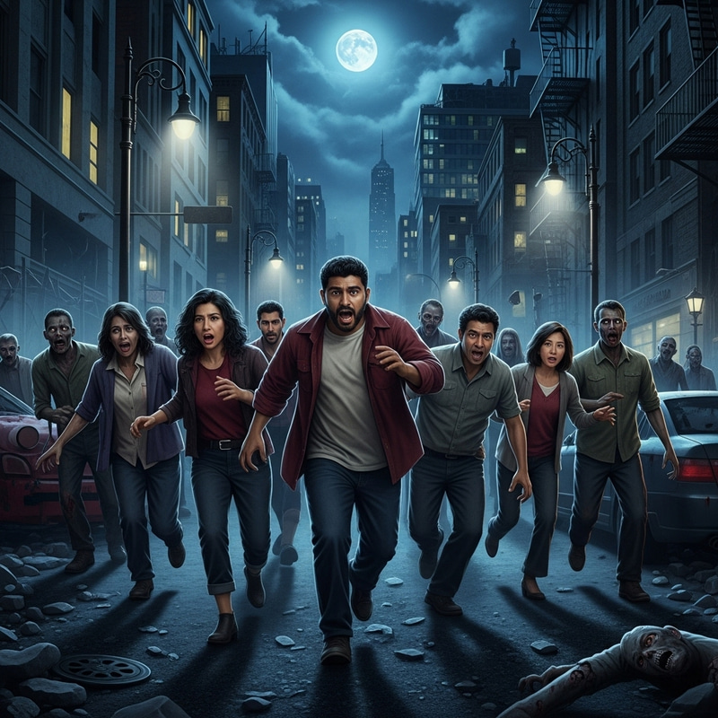 Zombie Horror Scene: Fleeing Group In City Chaos Zombie Horror Scene: Fleeing Group In City Chaos