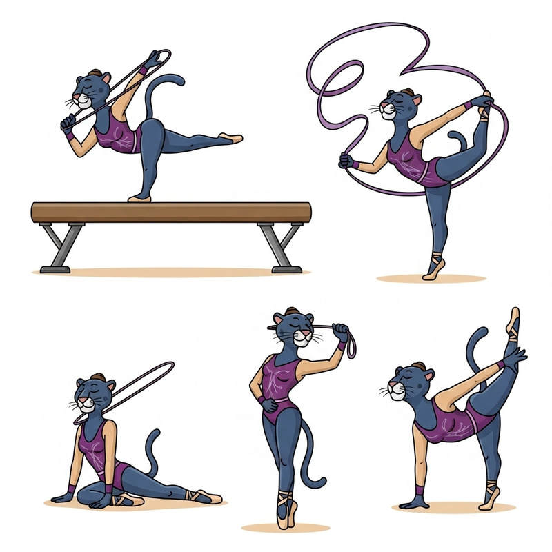 Cartoon Panther Gymnast Sticker for Social Media - Various Poses Cartoon Panther Gymnast Sticker for Social Media - Various Poses