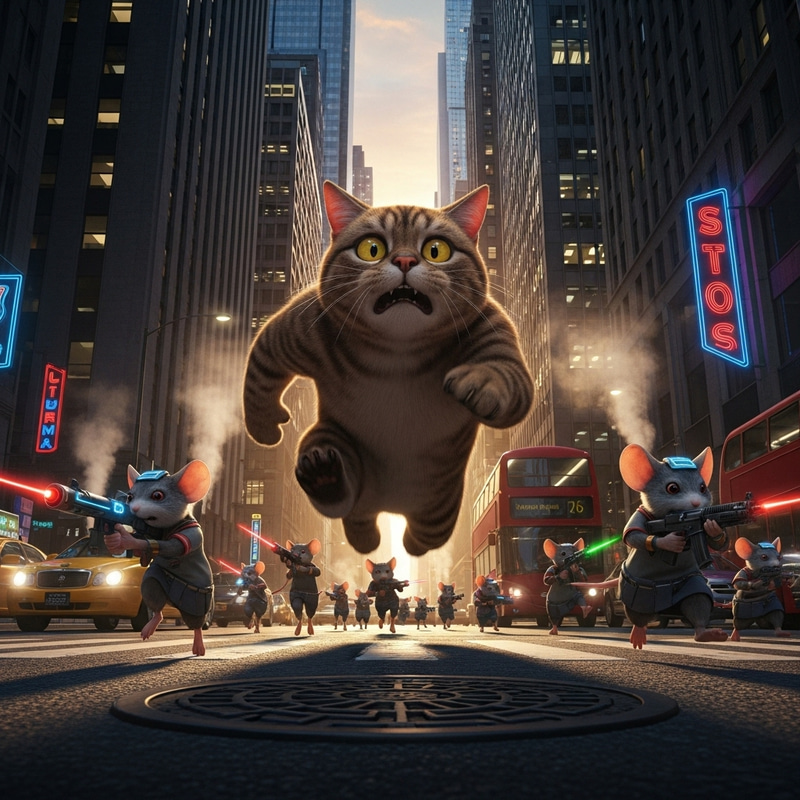 Mice with Firearms Chase Cat in City Scene