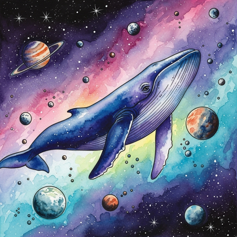 Whale with Planets Watercolor Illustration Whale with Planets Watercolor Illustration